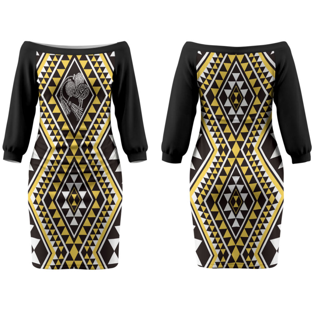New Zealand Kowhai Taniko Motifs Couples Matching Off The Shoulder Long Sleeve Dress and Hawaiian Shirt Maori Poi Dance Costume Inspired