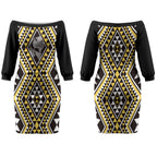 New Zealand Kowhai Taniko Motifs Couples Matching Off The Shoulder Long Sleeve Dress and Hawaiian Shirt Maori Poi Dance Costume Inspired