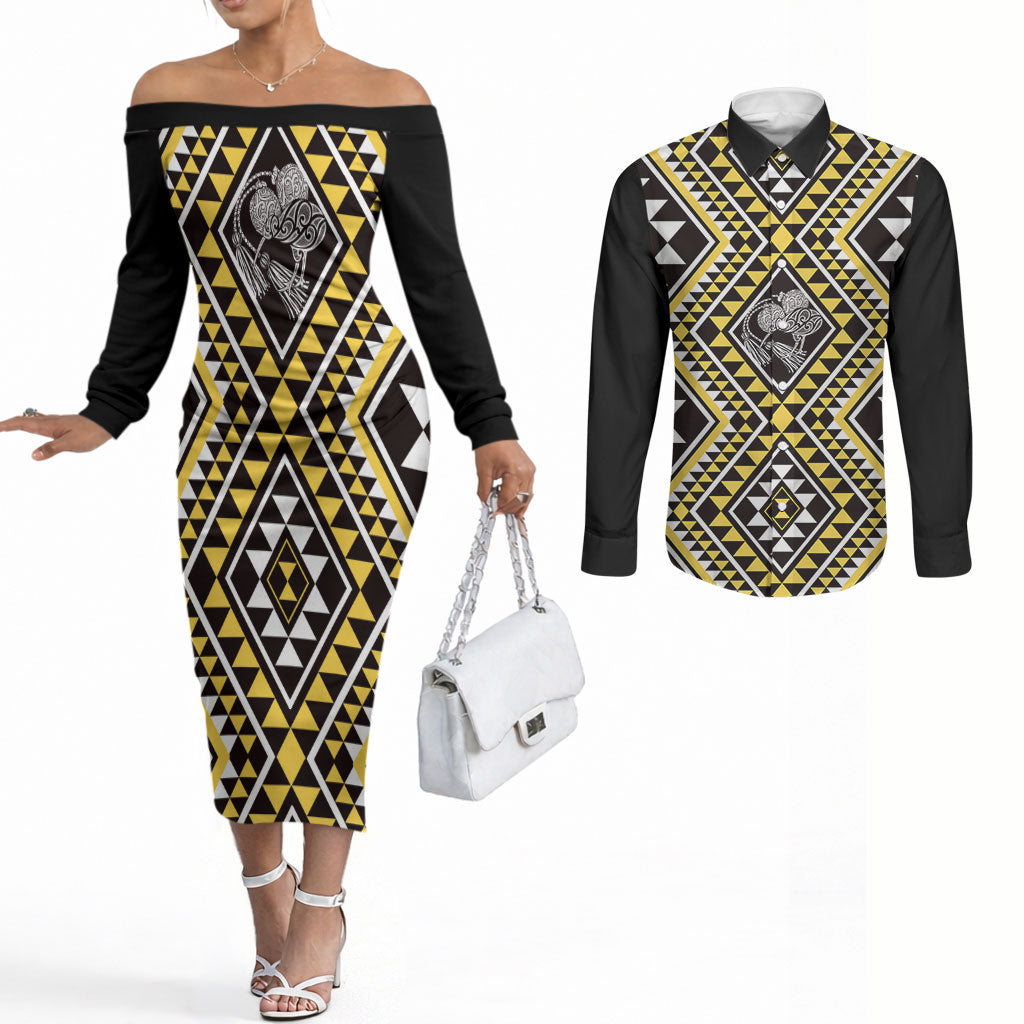 New Zealand Kowhai Taniko Motifs Couples Matching Off The Shoulder Long Sleeve Dress and Long Sleeve Button Shirt Maori Poi Dance Costume Inspired