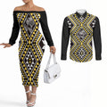 New Zealand Kowhai Taniko Motifs Couples Matching Off The Shoulder Long Sleeve Dress and Long Sleeve Button Shirt Maori Poi Dance Costume Inspired