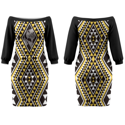 New Zealand Kowhai Taniko Motifs Couples Matching Off The Shoulder Long Sleeve Dress and Long Sleeve Button Shirt Maori Poi Dance Costume Inspired