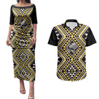 New Zealand Kowhai Taniko Motifs Couples Matching Puletasi and Hawaiian Shirt Maori Poi Dance Costume Inspired