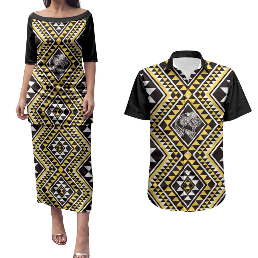 New Zealand Kowhai Taniko Motifs Couples Matching Puletasi and Hawaiian Shirt Maori Poi Dance Costume Inspired