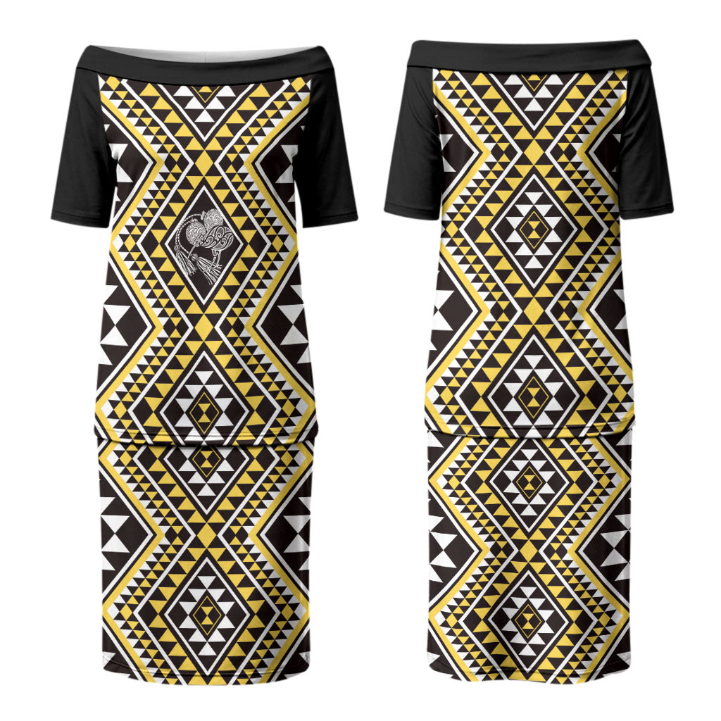 New Zealand Kowhai Taniko Motifs Couples Matching Puletasi and Hawaiian Shirt Maori Poi Dance Costume Inspired