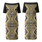 New Zealand Kowhai Taniko Motifs Couples Matching Puletasi and Hawaiian Shirt Maori Poi Dance Costume Inspired