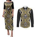 New Zealand Kowhai Taniko Motifs Couples Matching Puletasi and Long Sleeve Button Shirt Maori Poi Dance Costume Inspired