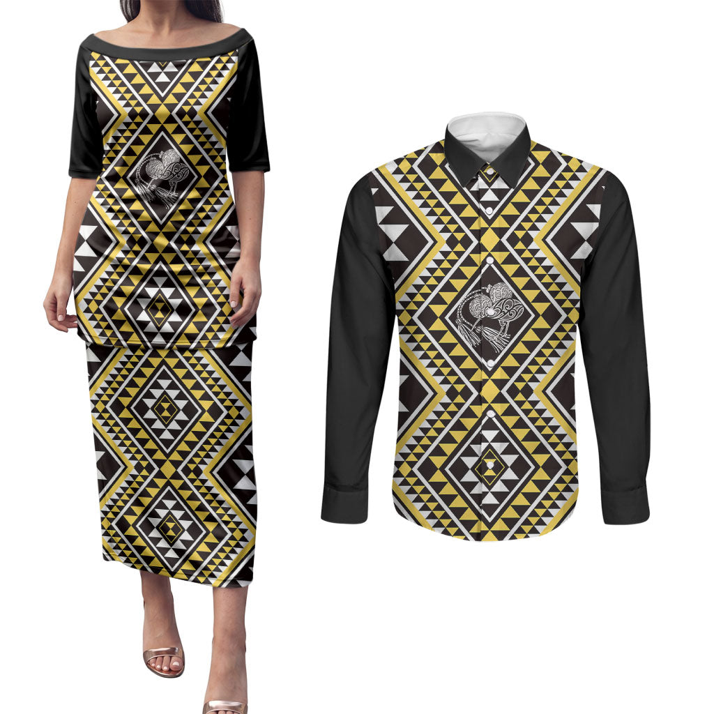 New Zealand Kowhai Taniko Motifs Couples Matching Puletasi and Long Sleeve Button Shirt Maori Poi Dance Costume Inspired