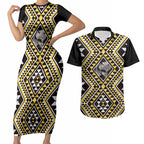 New Zealand Kowhai Taniko Motifs Couples Matching Short Sleeve Bodycon Dress and Hawaiian Shirt Maori Poi Dance Costume Inspired