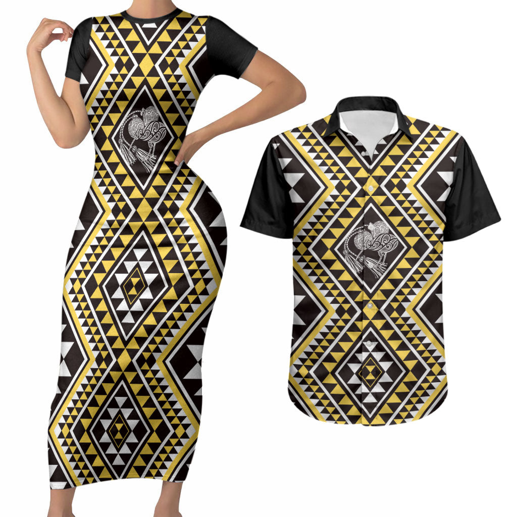 New Zealand Kowhai Taniko Motifs Couples Matching Short Sleeve Bodycon Dress and Hawaiian Shirt Maori Poi Dance Costume Inspired