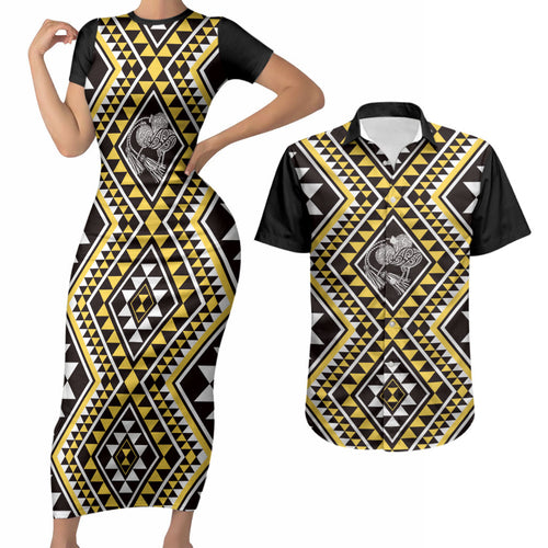 New Zealand Kowhai Taniko Motifs Couples Matching Short Sleeve Bodycon Dress and Hawaiian Shirt Maori Poi Dance Costume Inspired