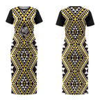 New Zealand Kowhai Taniko Motifs Couples Matching Short Sleeve Bodycon Dress and Hawaiian Shirt Maori Poi Dance Costume Inspired
