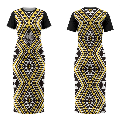 New Zealand Kowhai Taniko Motifs Couples Matching Short Sleeve Bodycon Dress and Hawaiian Shirt Maori Poi Dance Costume Inspired