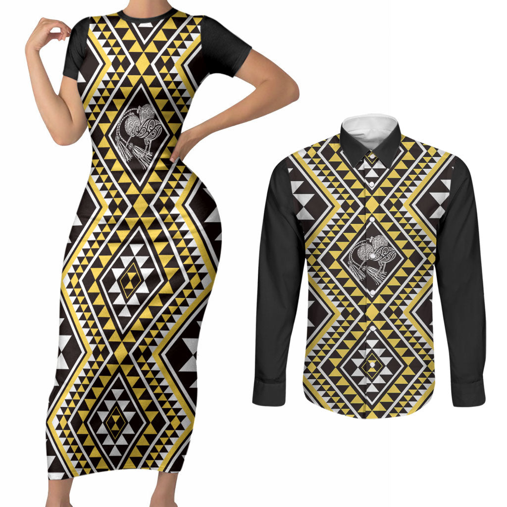 New Zealand Kowhai Taniko Motifs Couples Matching Short Sleeve Bodycon Dress and Long Sleeve Button Shirt Maori Poi Dance Costume Inspired