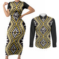 New Zealand Kowhai Taniko Motifs Couples Matching Short Sleeve Bodycon Dress and Long Sleeve Button Shirt Maori Poi Dance Costume Inspired