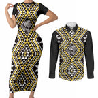 New Zealand Kowhai Taniko Motifs Couples Matching Short Sleeve Bodycon Dress and Long Sleeve Button Shirt Maori Poi Dance Costume Inspired