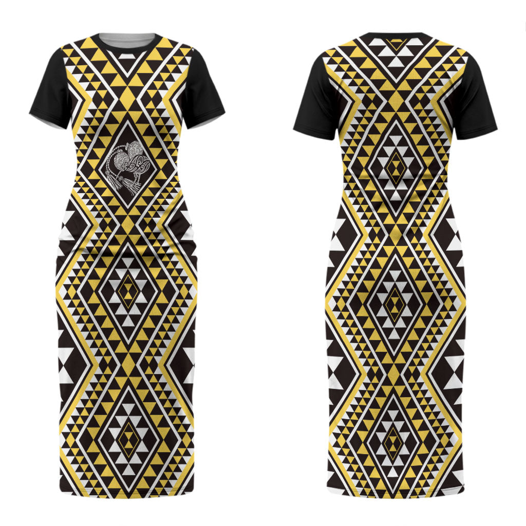 New Zealand Kowhai Taniko Motifs Couples Matching Short Sleeve Bodycon Dress and Long Sleeve Button Shirt Maori Poi Dance Costume Inspired