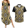 New Zealand Kowhai Taniko Motifs Couples Matching Summer Maxi Dress and Hawaiian Shirt Maori Poi Dance Costume Inspired