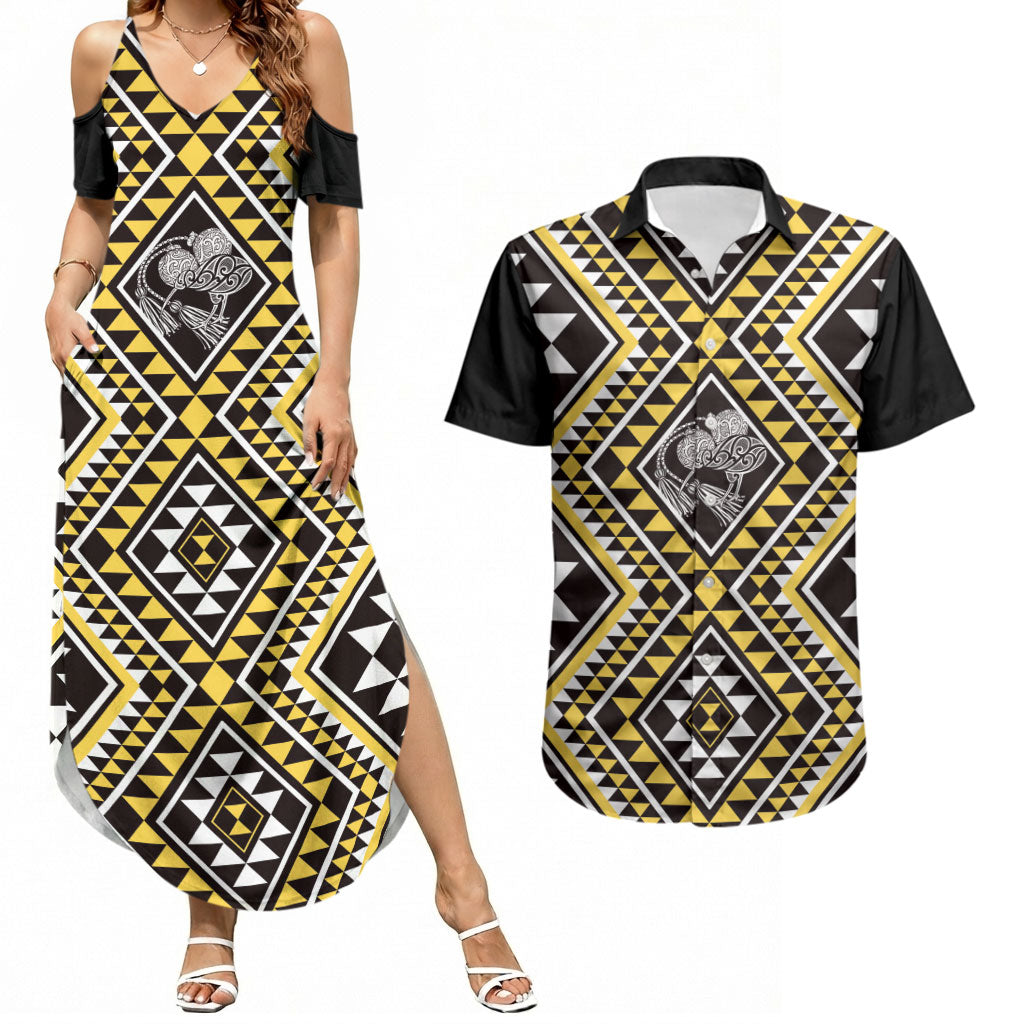 New Zealand Kowhai Taniko Motifs Couples Matching Summer Maxi Dress and Hawaiian Shirt Maori Poi Dance Costume Inspired