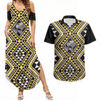 New Zealand Kowhai Taniko Motifs Couples Matching Summer Maxi Dress and Hawaiian Shirt Maori Poi Dance Costume Inspired