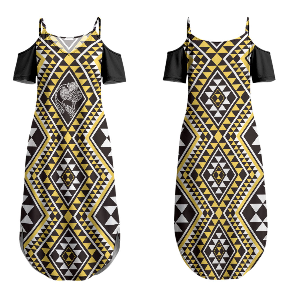 New Zealand Kowhai Taniko Motifs Couples Matching Summer Maxi Dress and Hawaiian Shirt Maori Poi Dance Costume Inspired