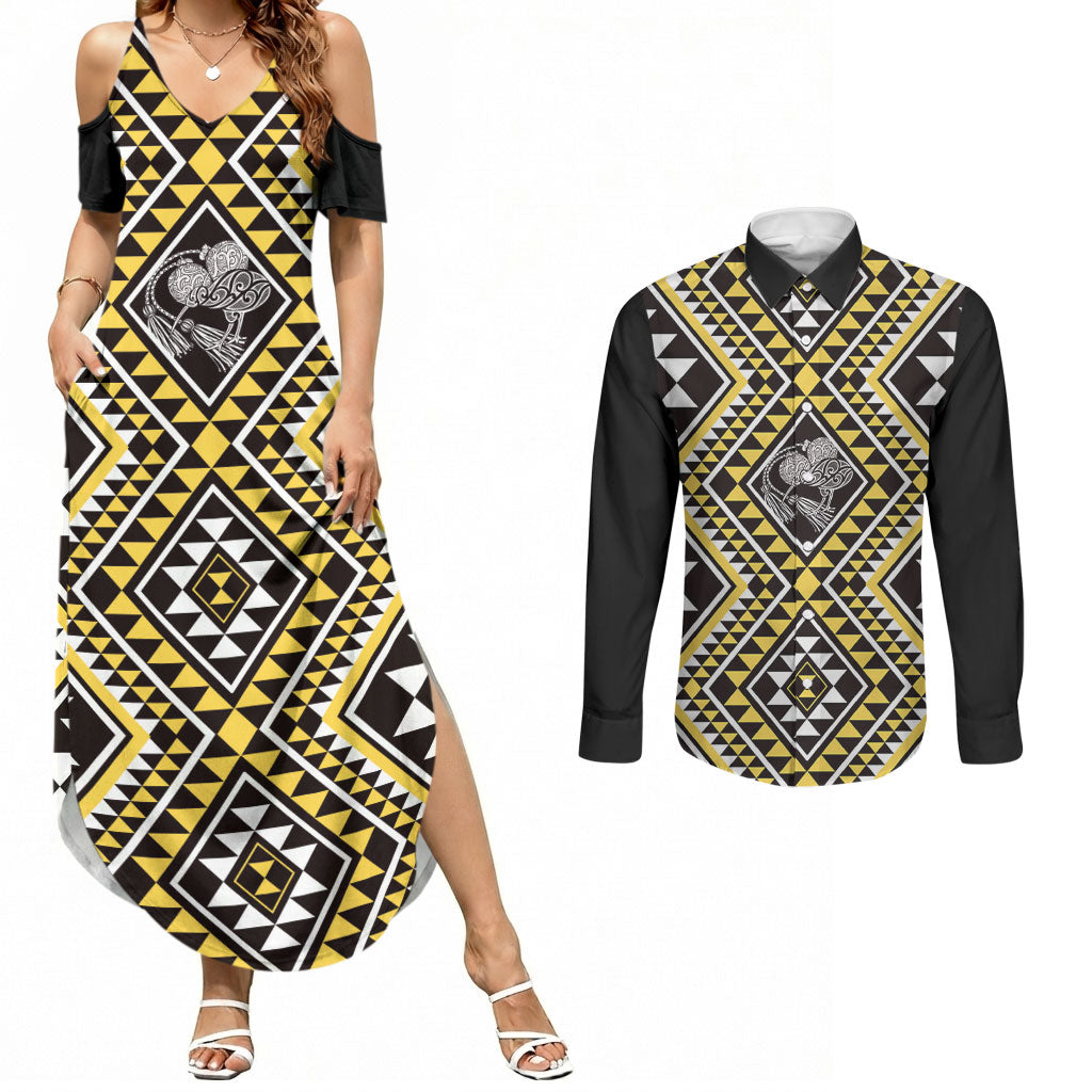 New Zealand Kowhai Taniko Motifs Couples Matching Summer Maxi Dress and Long Sleeve Button Shirt Maori Poi Dance Costume Inspired