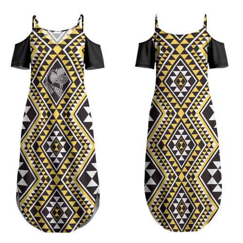 New Zealand Kowhai Taniko Motifs Couples Matching Summer Maxi Dress and Long Sleeve Button Shirt Maori Poi Dance Costume Inspired