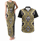 New Zealand Kowhai Taniko Motifs Couples Matching Tank Maxi Dress and Hawaiian Shirt Maori Poi Dance Costume Inspired