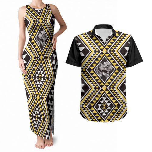 New Zealand Kowhai Taniko Motifs Couples Matching Tank Maxi Dress and Hawaiian Shirt Maori Poi Dance Costume Inspired
