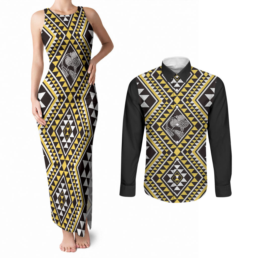 New Zealand Kowhai Taniko Motifs Couples Matching Tank Maxi Dress and Long Sleeve Button Shirt Maori Poi Dance Costume Inspired