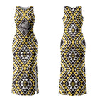 New Zealand Kowhai Taniko Motifs Couples Matching Tank Maxi Dress and Long Sleeve Button Shirt Maori Poi Dance Costume Inspired