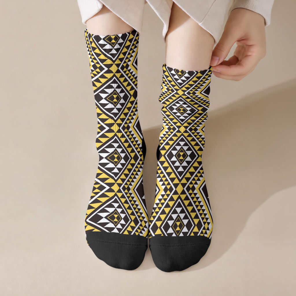 New Zealand Kowhai Taniko Motifs Crew Socks Maori Poi Dance Costume Inspired