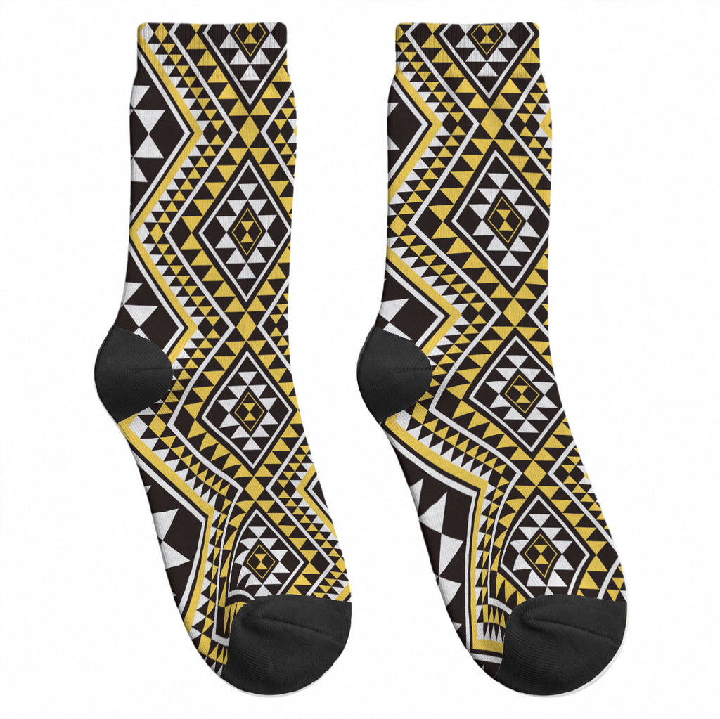 New Zealand Kowhai Taniko Motifs Crew Socks Maori Poi Dance Costume Inspired