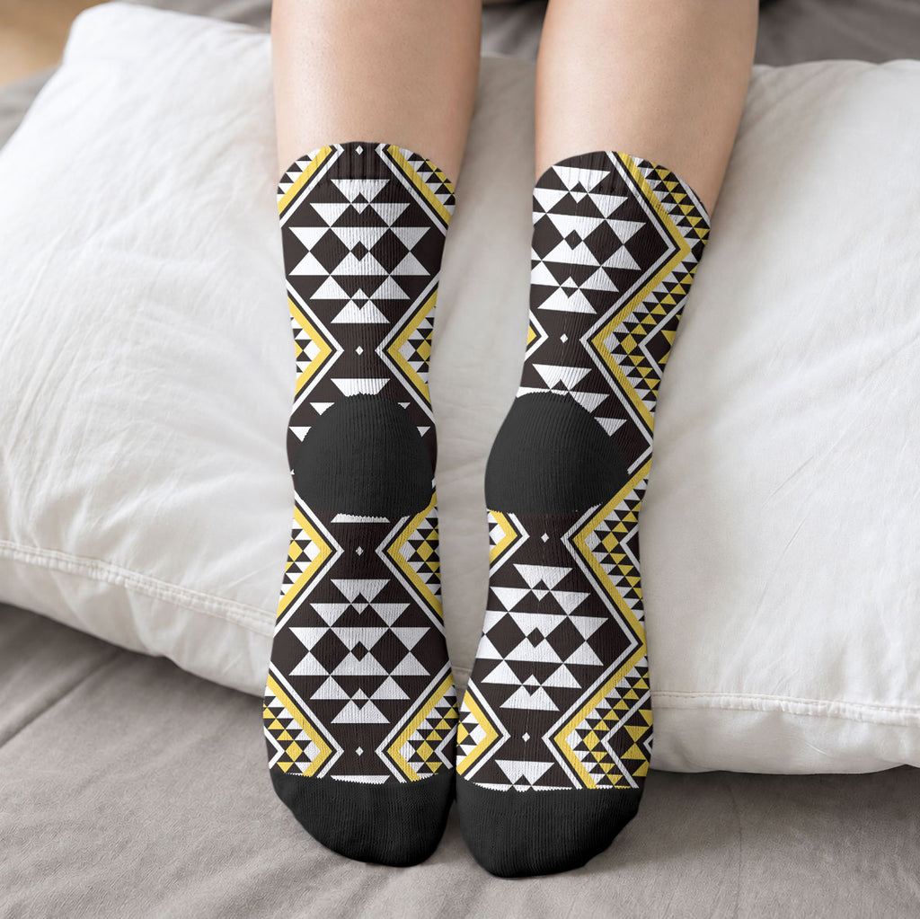 New Zealand Kowhai Taniko Motifs Crew Socks Maori Poi Dance Costume Inspired