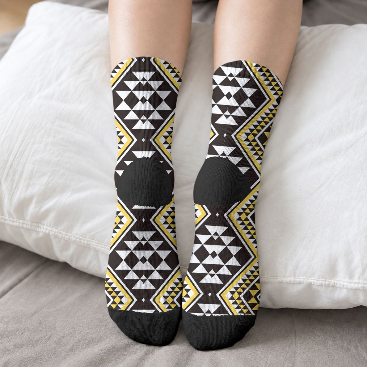 New Zealand Kowhai Taniko Motifs Crew Socks Maori Poi Dance Costume Inspired