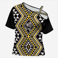 New Zealand Kowhai Taniko Motifs Cross Shoulder Shirt Maori Poi Dance Costume Inspired