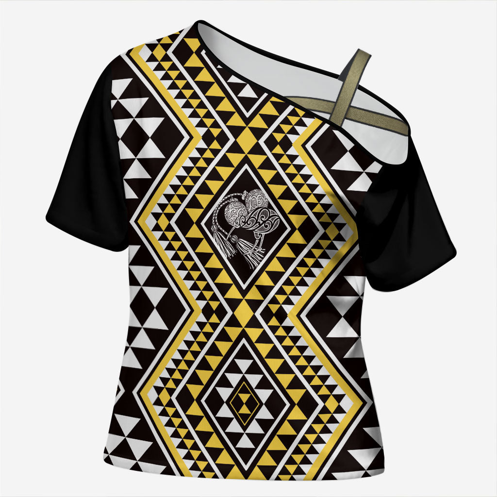 New Zealand Kowhai Taniko Motifs Cross Shoulder Shirt Maori Poi Dance Costume Inspired
