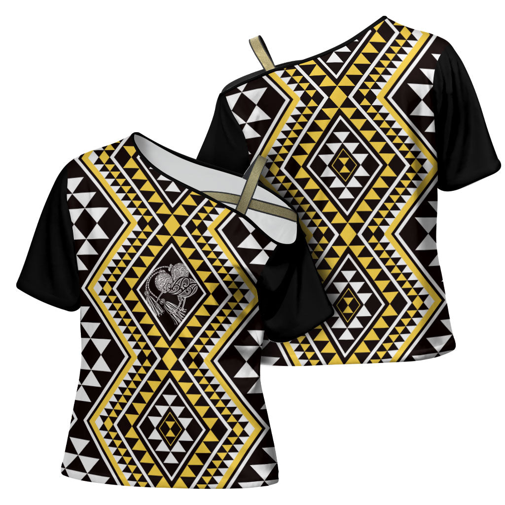 New Zealand Kowhai Taniko Motifs Cross Shoulder Shirt Maori Poi Dance Costume Inspired