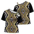 New Zealand Kowhai Taniko Motifs Cross Shoulder Shirt Maori Poi Dance Costume Inspired