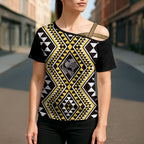 New Zealand Kowhai Taniko Motifs Cross Shoulder Shirt Maori Poi Dance Costume Inspired