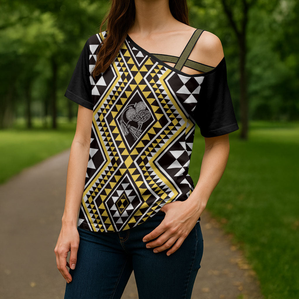 New Zealand Kowhai Taniko Motifs Cross Shoulder Shirt Maori Poi Dance Costume Inspired