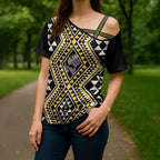 New Zealand Kowhai Taniko Motifs Cross Shoulder Shirt Maori Poi Dance Costume Inspired
