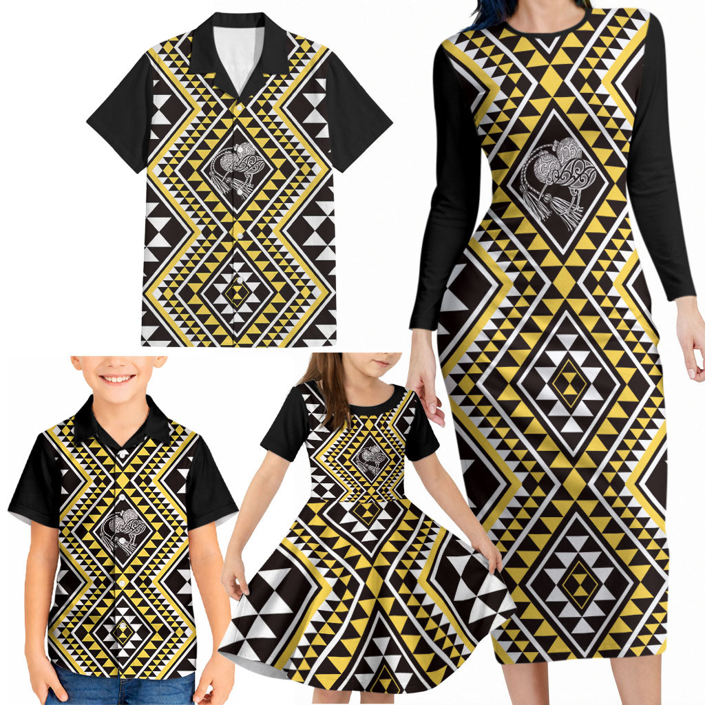 New Zealand Kowhai Taniko Motifs Family Matching Long Sleeve Bodycon Dress and Hawaiian Shirt Maori Poi Dance Costume Inspired
