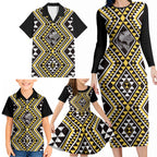 New Zealand Kowhai Taniko Motifs Family Matching Long Sleeve Bodycon Dress and Hawaiian Shirt Maori Poi Dance Costume Inspired
