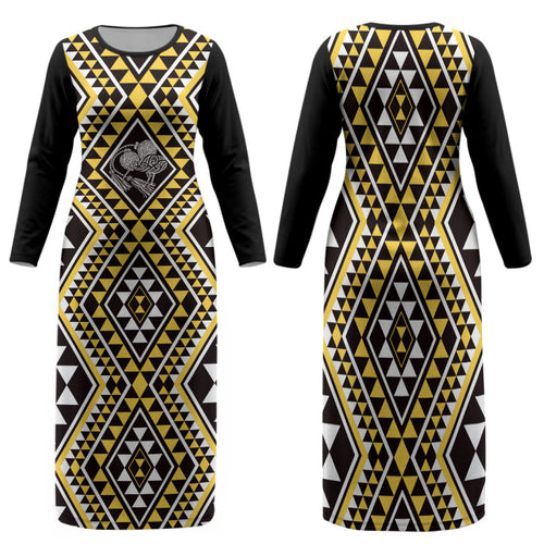 New Zealand Kowhai Taniko Motifs Family Matching Long Sleeve Bodycon Dress and Hawaiian Shirt Maori Poi Dance Costume Inspired