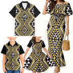New Zealand Kowhai Taniko Motifs Family Matching Mermaid Dress and Hawaiian Shirt Maori Poi Dance Costume Inspired