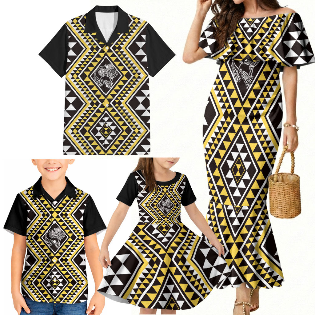 New Zealand Kowhai Taniko Motifs Family Matching Mermaid Dress and Hawaiian Shirt Maori Poi Dance Costume Inspired