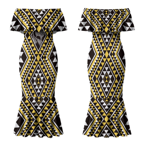 New Zealand Kowhai Taniko Motifs Family Matching Mermaid Dress and Hawaiian Shirt Maori Poi Dance Costume Inspired