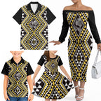 New Zealand Kowhai Taniko Motifs Family Matching Off The Shoulder Long Sleeve Dress and Hawaiian Shirt Maori Poi Dance Costume Inspired