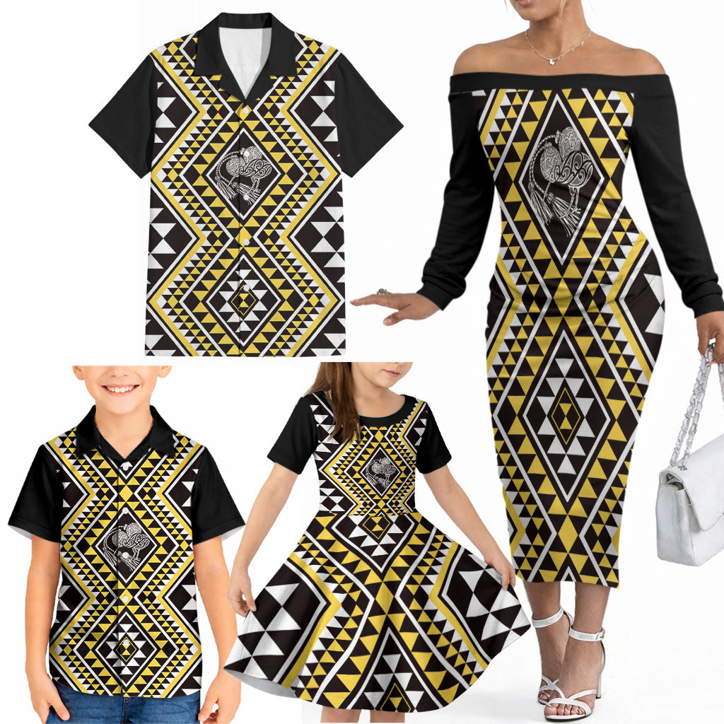 New Zealand Kowhai Taniko Motifs Family Matching Off The Shoulder Long Sleeve Dress and Hawaiian Shirt Maori Poi Dance Costume Inspired