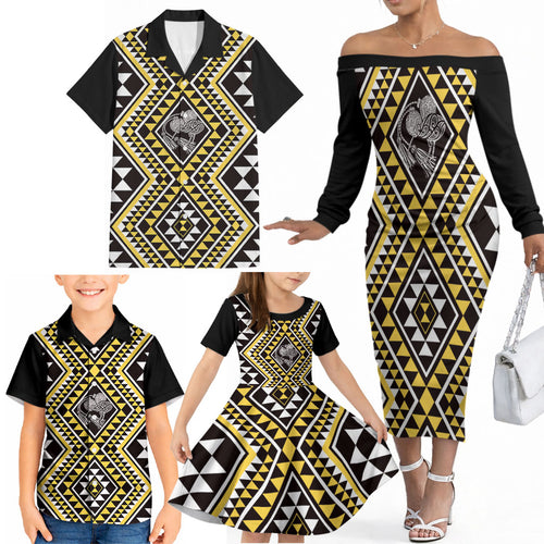 New Zealand Kowhai Taniko Motifs Family Matching Off The Shoulder Long Sleeve Dress and Hawaiian Shirt Maori Poi Dance Costume Inspired